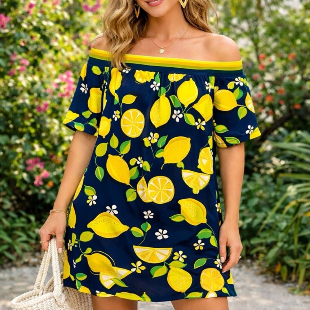 Trina Turk Kelso Off Shoulder Shift Dress Blue Lemon Print Womens S Resort Boho